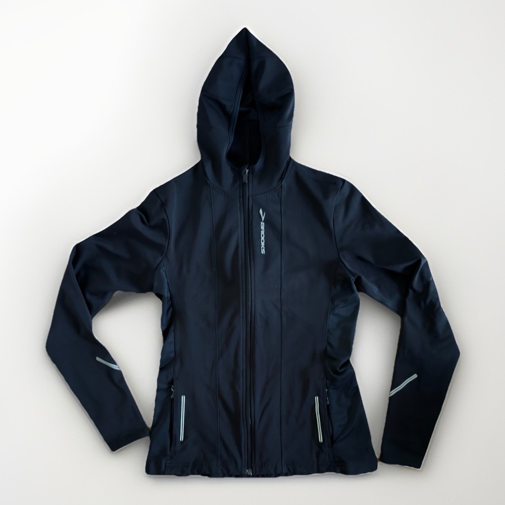 Brooks Womens Medium Black Hooded Running Jacket Full Zip Reflective Activewear